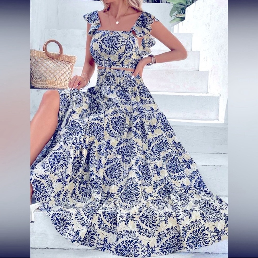 Navy Blue & Beige Print Smocked Waist & Back Maxi Skirt Set